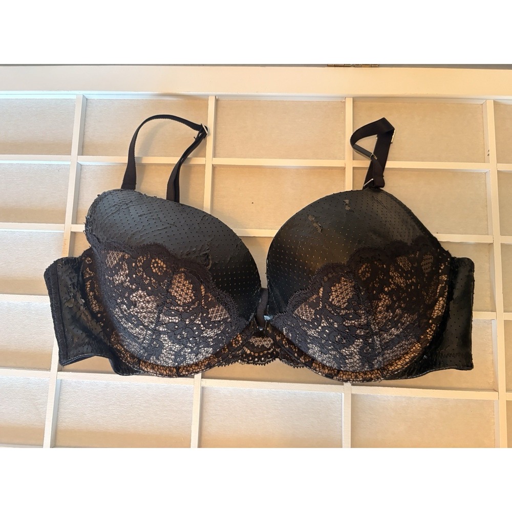 NWT‎ Victoria's Secret Black Strappy Lace Faux Leather Push-Up Bra 36C ✨READ✨